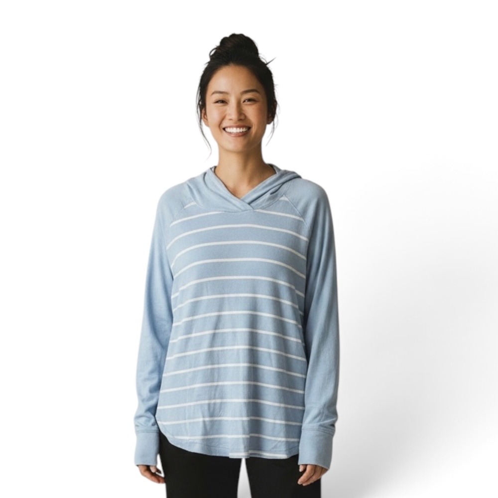 Eddie Bauer Womens 2XL Light Blue Striped Long Sleeve Pullover Hoodie Raglan Top